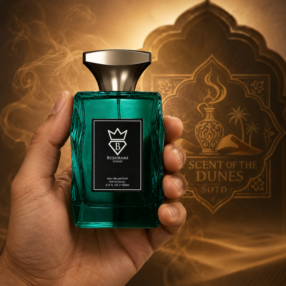 Bujairami Inferno mango amber unisex perfume bottle at Scent of the Dunes