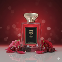 Bujairami Red Static Eau de Parfum 100ml bottle with roses and cherries on a red background