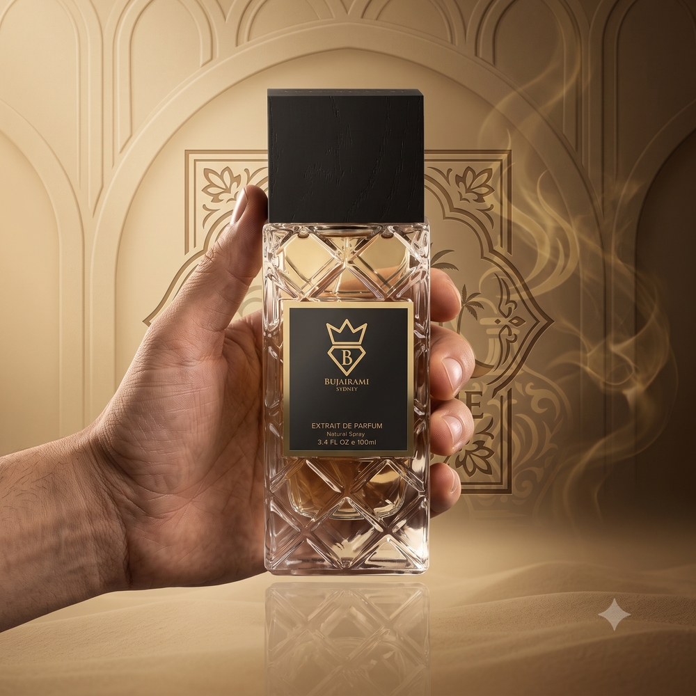 Bujairami Shadow Script fragrance notes frankincense sandalwood suede saffron UK