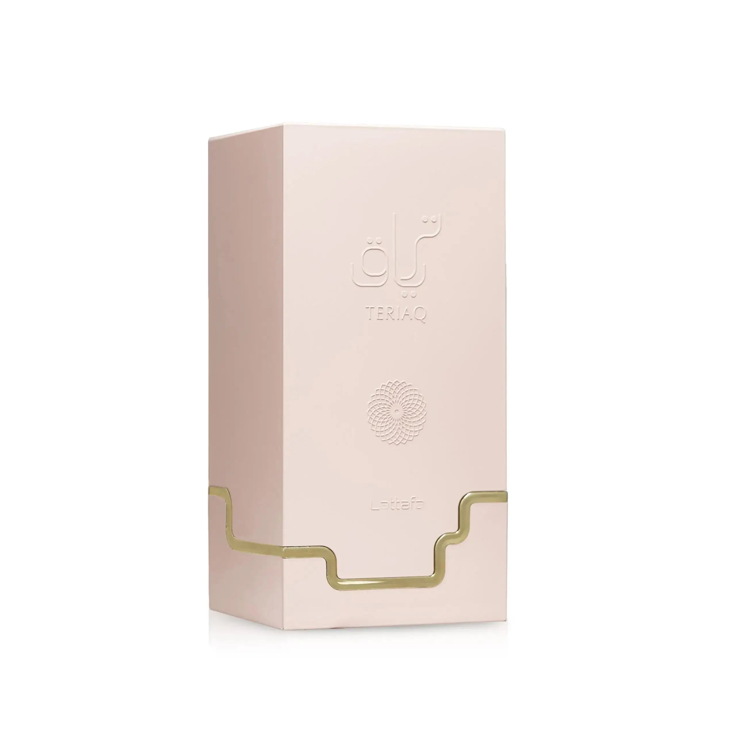 Pink packaging box with gold accents and a logo on a white background