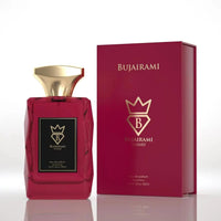 Bujairami Red Static Eau de Parfum 100ml bottle beside its red box on a white background